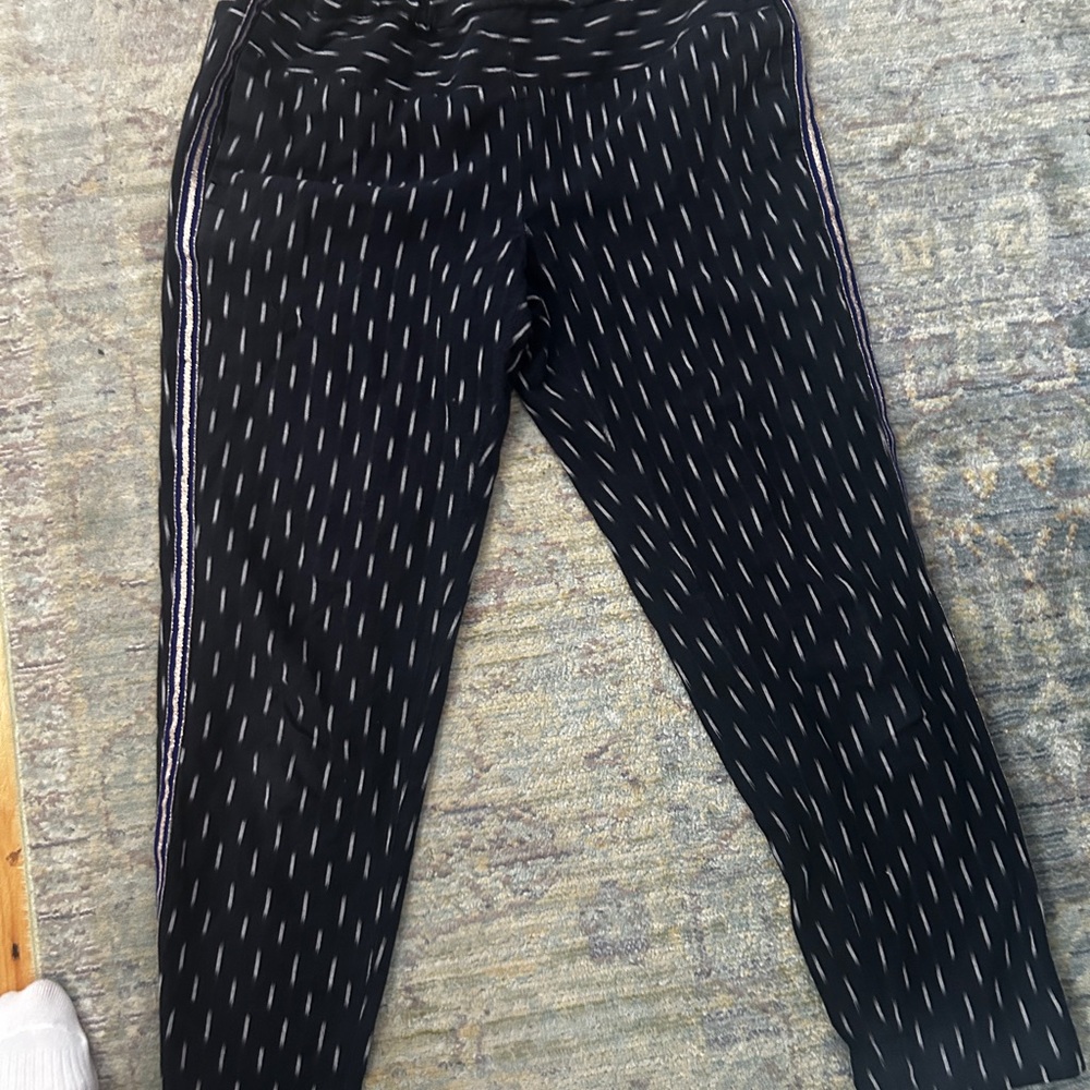 Navy and White Fun Patterned ankle Pants with metallic track stripes